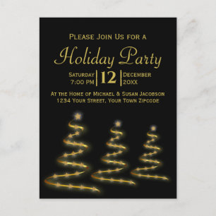 Invitation Carte Postale Ruban d'or Arbres de Noël Black Holiday Party
