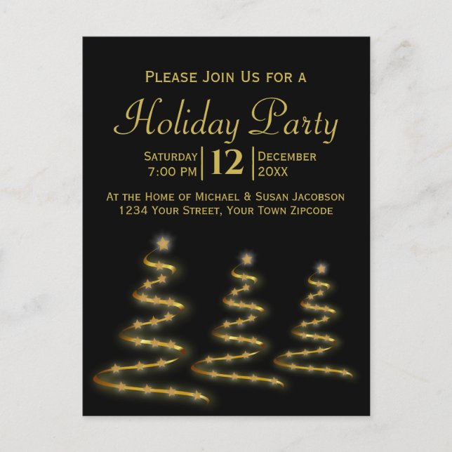 Invitation Carte Postale Ruban d'or Arbres de Noël Black Holiday Party (Devant)