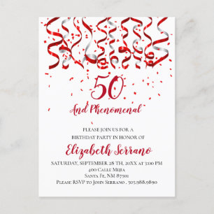 Invitation Carte Postale Ruban rouge moderne et Confetti 50e anniversaire