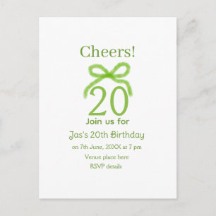 Invitation Carte Postale ruban vert 20e anniversaire aquarelle nom gras rét