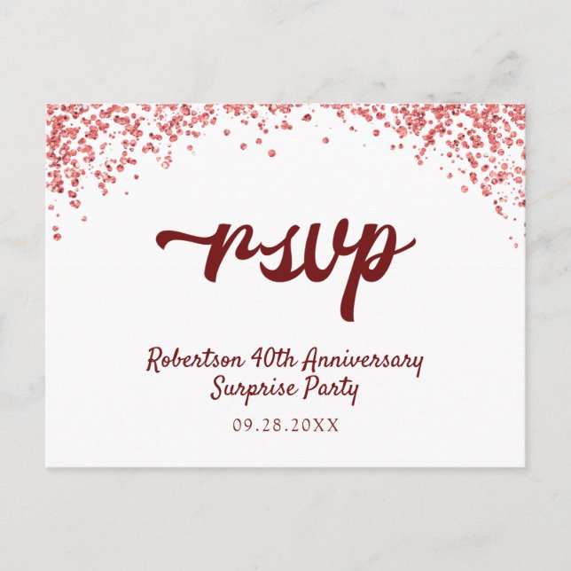 Invitation Carte Postale Ruby Red Anniversaire Confetti RSVP (Devant)