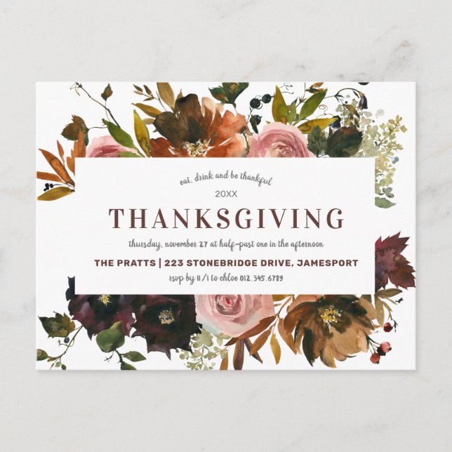Invitation Carte Postale Russe Automne Floral Thanksgiving Dîner (Devant)