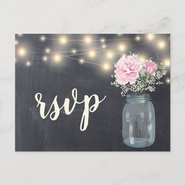 Invitation Carte Postale Russe Chalkboard Peony Floral Mason Jar | RSVP (Devant)