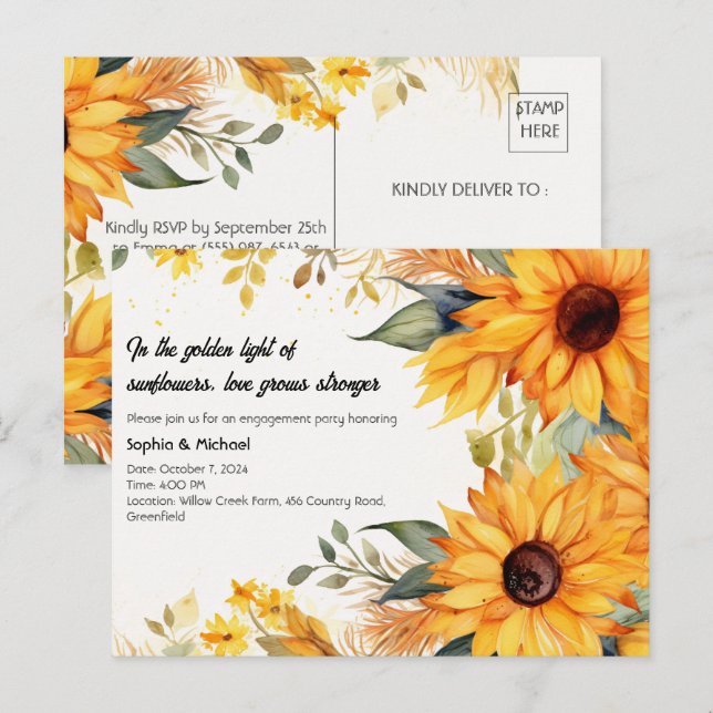 Invitation Carte Postale Russe Tournesol (Devant / Derrière)