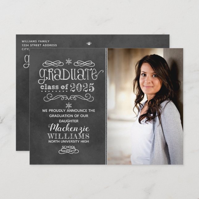 Invitation Carte Postale Rustic Black Chalkboard 2025 Graduate Photo Party (Devant / Derrière)