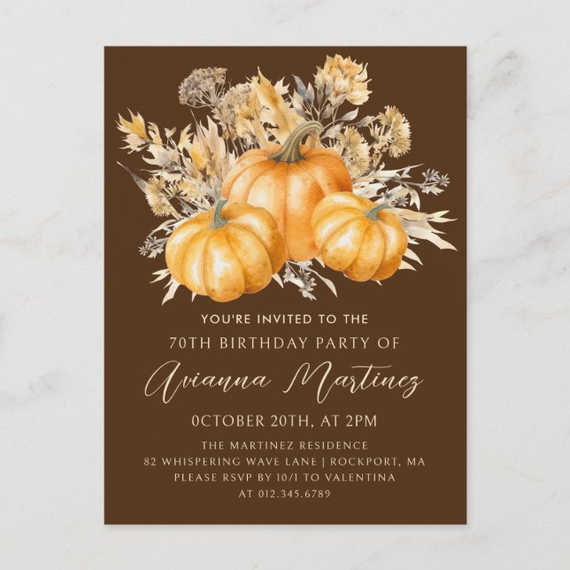 Invitation Carte Postale Rustic Boho Citrouille Automne 70e fête d'annivers (Devant)