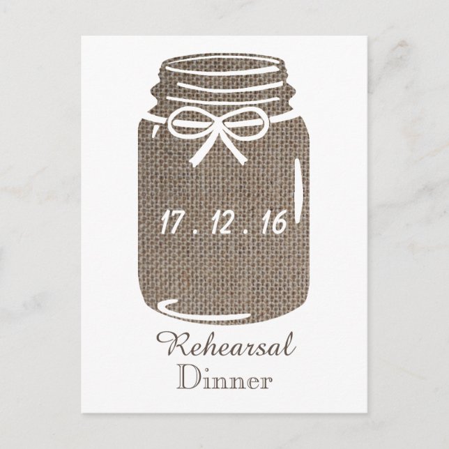 Invitation Carte Postale Rustic Burlap Mason Jar Dîner de répétition Mariag (Devant)