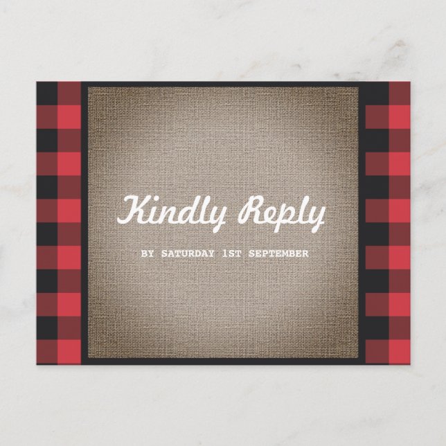 Invitation Carte Postale Rustic Country Buffalo Plaid & Burlap Wedding RSVP (Devant)
