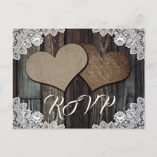 Invitation Carte Postale Rustic Country Wood Lace Burlap Heart Wedding (Devant)