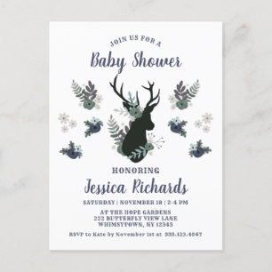 Invitation Carte Postale Rustic Deer Head Bleu Floral Baby shower moderne