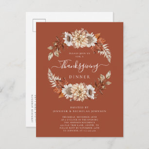 Invitation Carte Postale Rustic Fall Floral Feuilles Thanksgiving Dîner