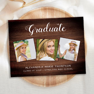 Invitation Carte Postale Rustic Graduate Custom 3 Photo Wood Graduation