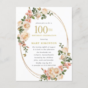 Invitation Carte Postale Rustic Ivory White Rose 100e fête d'anniversaire