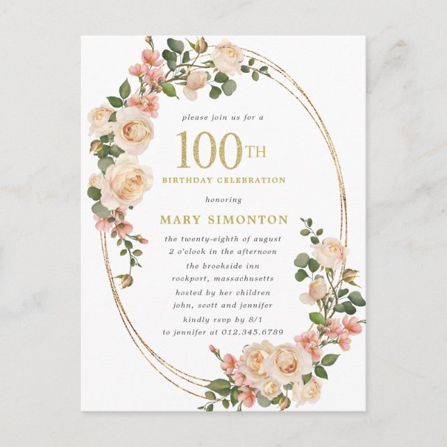 Invitation Carte Postale Rustic Ivory White Rose 100e fête d'anniversaire (Devant)