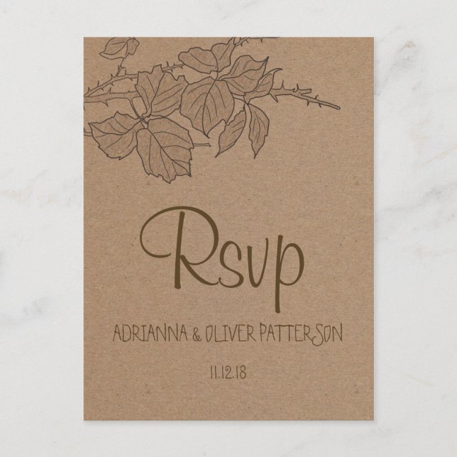 Invitation Carte Postale Rustic Kraft Brown papier Feuilles mariage RSVP (Devant)