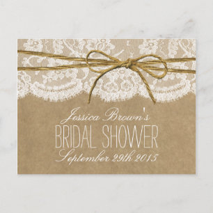 Invitation Carte Postale Rustic Kraft Lace Twine Bow Fête des mariées Recet