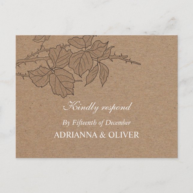 Invitation Carte Postale Rustic Kraft Papier Feuille Mariage Motif RSVP (Devant)