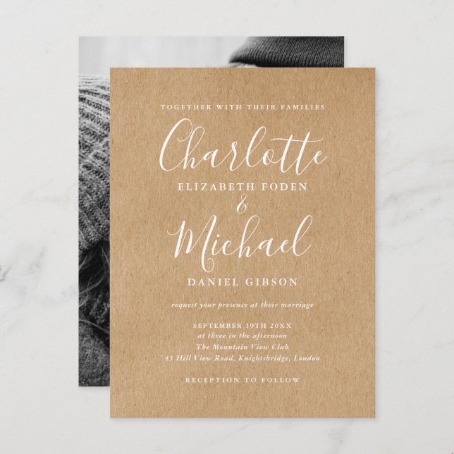 Invitation Carte Postale Rustic Kraft Signature Script Mariage photo (Devant / Derrière)