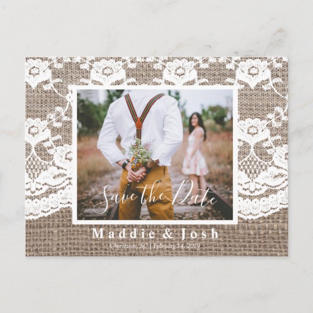 Invitation Carte Postale Rustic l Burlap et dentelle Enregistrer la date Ca (Devant)