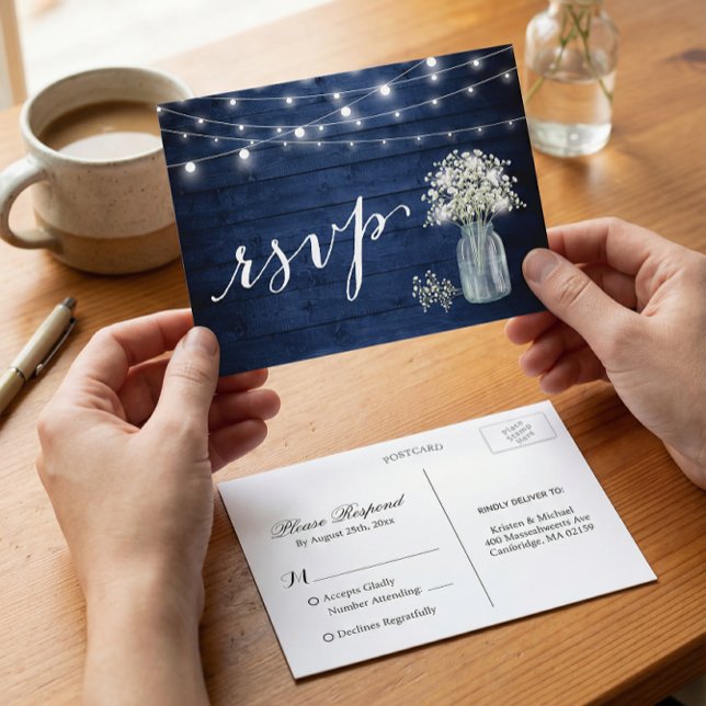 Invitation Carte Postale Rustic Navy Blue Baby's Breath String éclats RSVP (Créateur téléchargé)