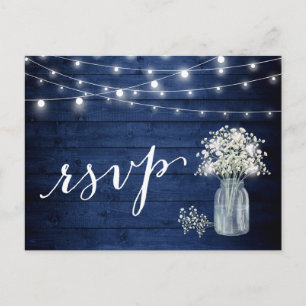 Invitation Carte Postale Rustic Navy Blue Baby's Breath String éclats RSVP