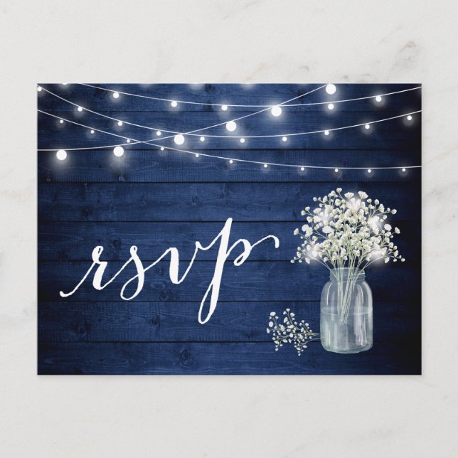 Invitation Carte Postale Rustic Navy Blue Baby's Breath String éclats RSVP (Devant)