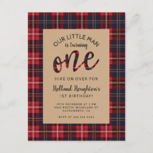 Invitation Carte Postale Rustic Plaid Petit Homme Lumberjack 1er anniversai