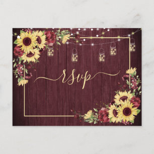 Invitation Carte Postale Rustic Sunflower Burgundy Wood Floral