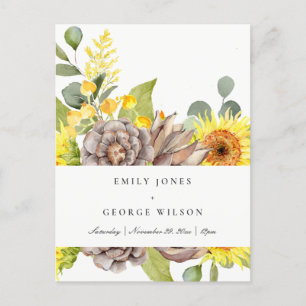 INVITATION CARTE POSTALE RUSTIC SUNFLOWER EUCALYPTUS PINE FLORAL WEDDING