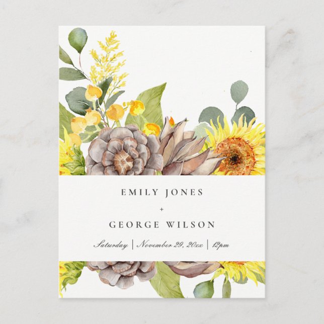 INVITATION CARTE POSTALE RUSTIC SUNFLOWER EUCALYPTUS PINE FLORAL WEDDING (Devant)