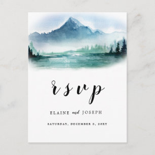 Invitation Carte Postale Rustic Watercolor Pine Mountains Lake Wedding Rsvp