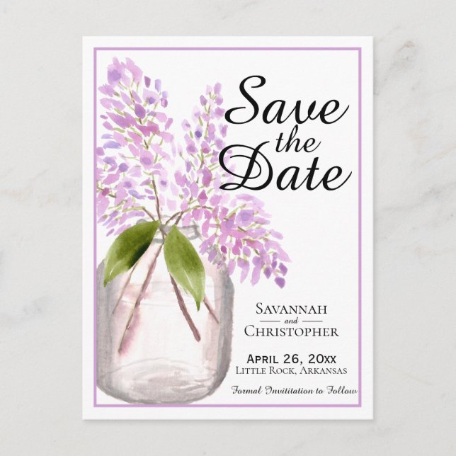 Invitation Carte Postale Rustique aquarelle Lilacs mariage Enregistrer la d (Devant)
