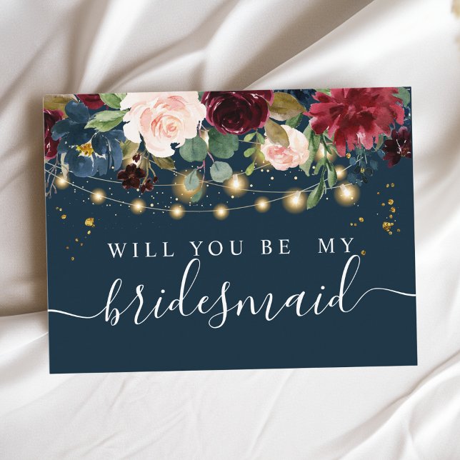 Invitation Carte Postale Rustique Bourgogne Marine Bleu & Rouge Fleurs & Lu (Créateur téléchargé)