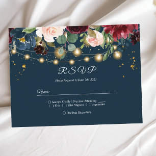 Invitation Carte Postale Rustique Bourgogne Marine Bleu & Rouge Fleurs & Lu