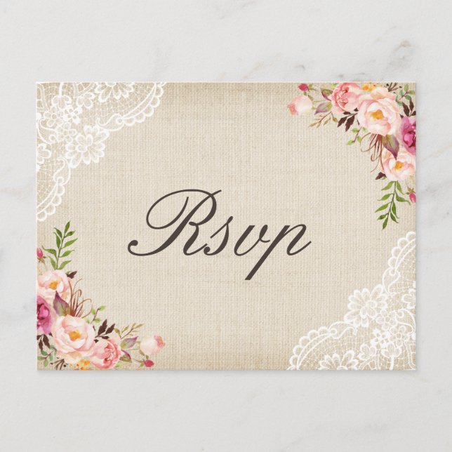 Invitation Carte Postale Rustique Burlap dentelle florale mariage RSVP (Devant)