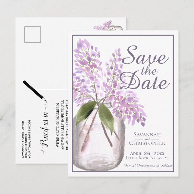 Invitation Carte Postale Rustique Dusty Violet Lilacs Mariage Enregistrer l (Devant / Derrière)
