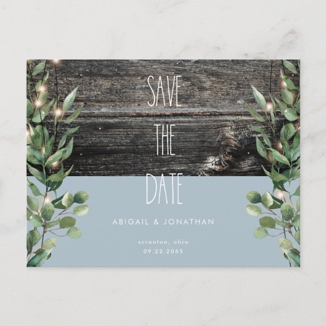 Invitation Carte Postale Rustique Icy Blue Foliage Mariage Enregistrer la d (Devant)
