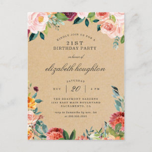 Invitation Carte Postale Rustique Kraft Bourgogne Blush Floral fête d'anniv