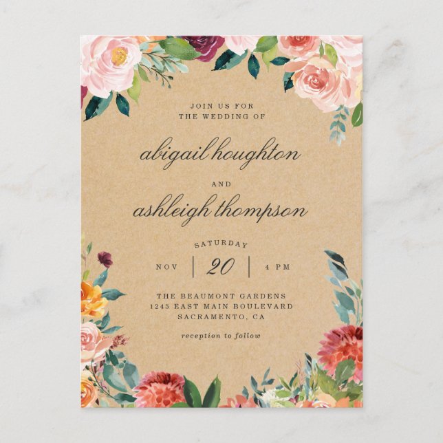 Invitation Carte Postale Rustique Kraft Bourgogne Blush Mariage rose floral (Devant)