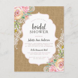 Invitation Carte Postale Rustique Kraft Burlap Floral dentelle Fête des mar