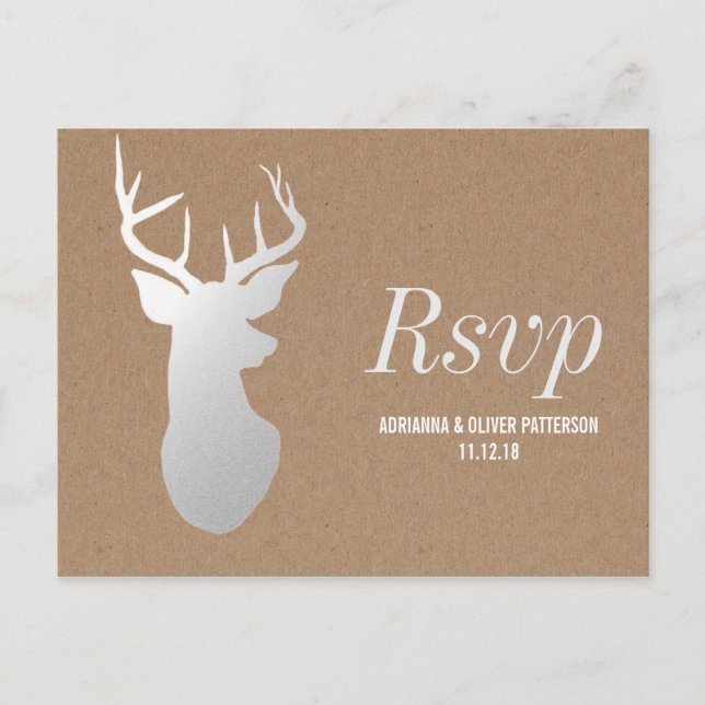 Invitation Carte Postale Rustique Kraft Papier Argent Antler Mariage RSVP (Devant)