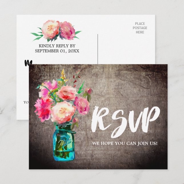 Invitation Carte Postale Rustique Mason Jar avec Fleurs Demande de Chanson  (Devant / Derrière)