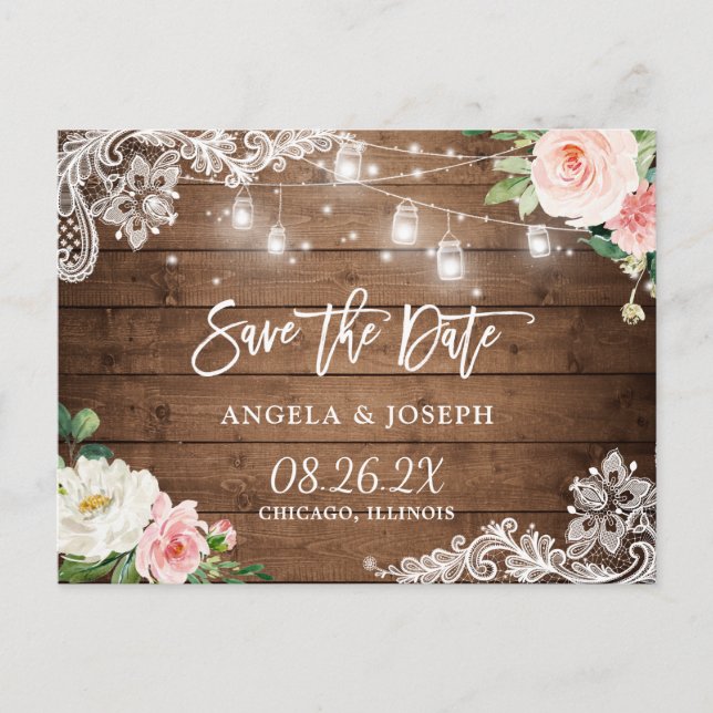 Invitation Carte Postale Rustique Mason Jar Lights Lace Wedding Enregistrer (Devant)