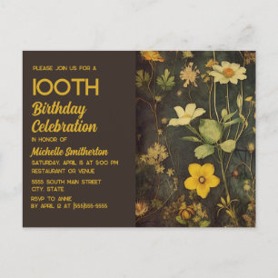 Invitation Carte Postale Rustique Vintage Jaune Noir Floral 100e Anniversai