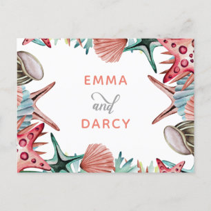 Invitation Carte Postale Rustique Watercolor Seashells Starfish Beach Maria