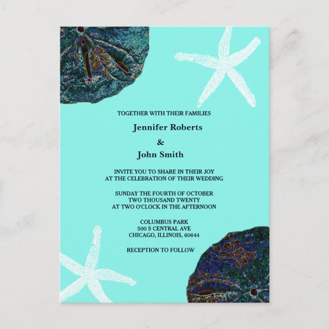 Invitation Carte Postale Sable Dollar Sea Shells Turquoise Abstrait Beach W (Devant)