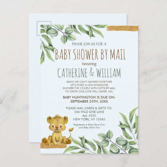 Invitation Carte Postale Safari Jungle Lion Baby shower Moderne Par Mail (Devant / Derrière)