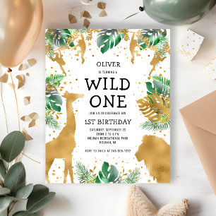 Invitation Carte Postale Safari Jungle Sauvage 1er Anniversaire Or Vert