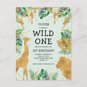 Invitation Carte Postale Safari Jungle Wild One 1er Anniversaire Vert