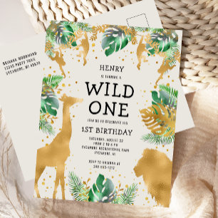 Invitation Carte Postale Safari Wild One 1er Anniversaire Vert Or Crème